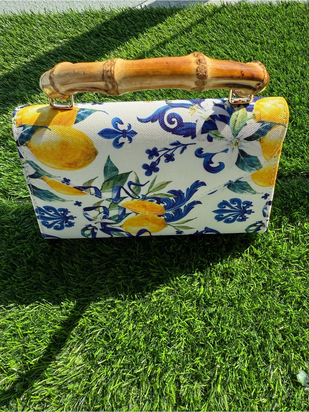 Canvas Lemon Print Top-Handle Bag with Bamboo Handle - Yellow & Blue
